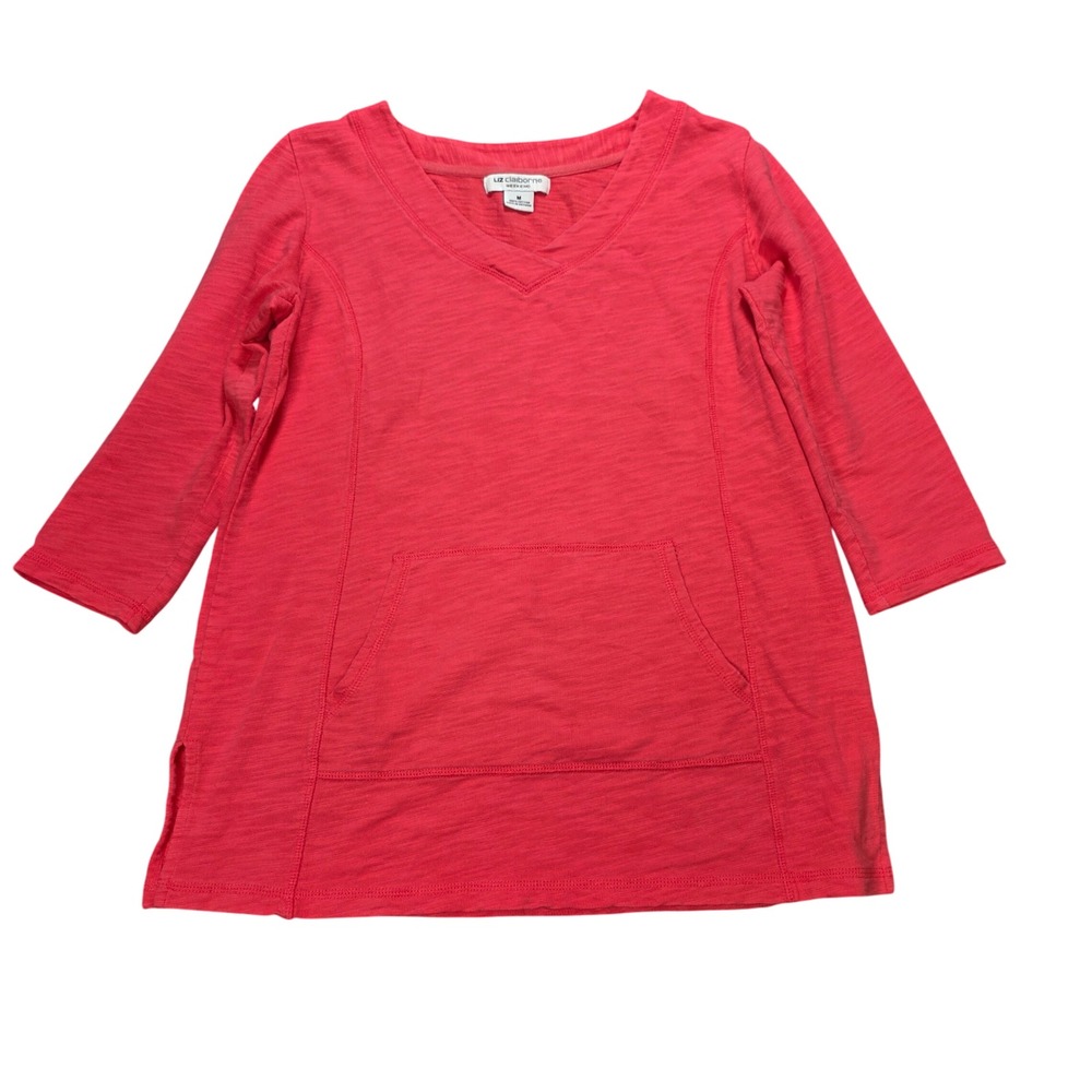 Liz Claiborne Slub V-Neck Tunic Top Women's Size M Coral Pink Kangaroo Pocket